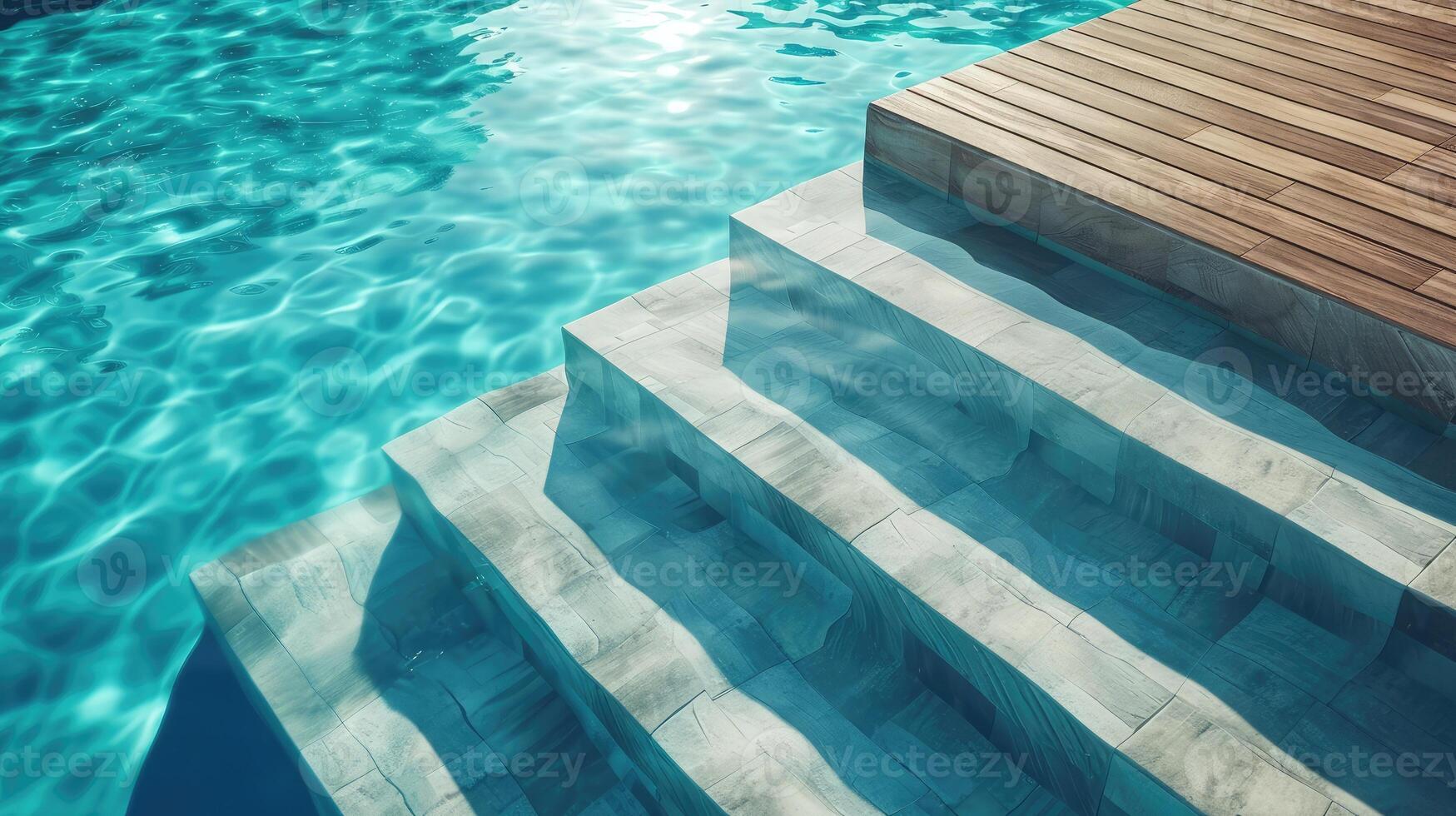 AI generated Swimming pool with stair and wooden deck. photo