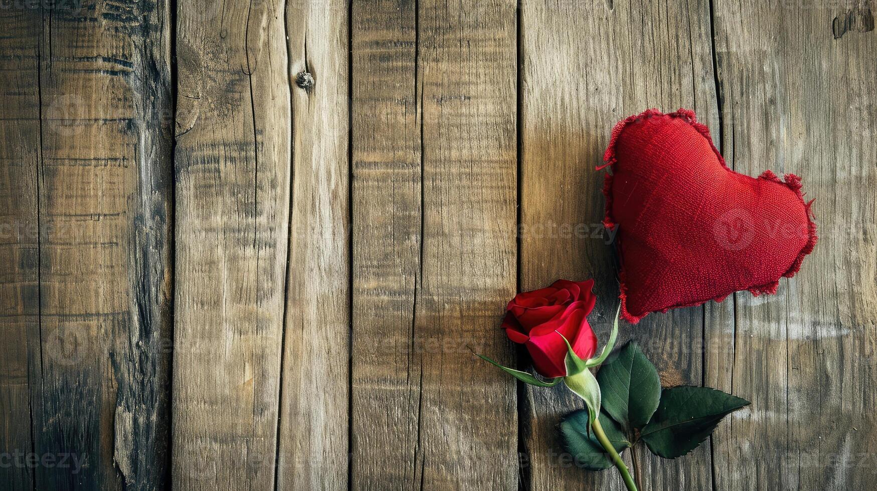 AI generated Happy valentine's day card with red rose and fabric heart shape on vintage wood background photo