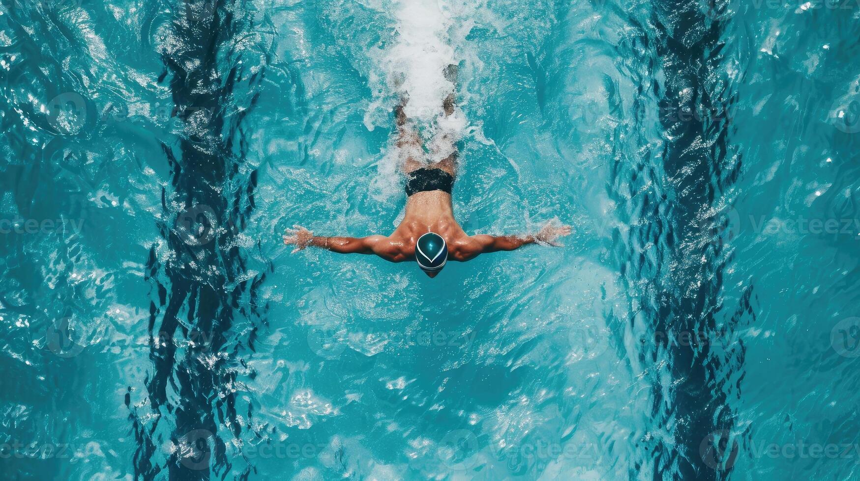 AI generated Top View Male Swimmer Swimming in Swimming Pool. Professional Determined Athlete Training for the Championship, using Butterfly Technique. Top View Shot photo