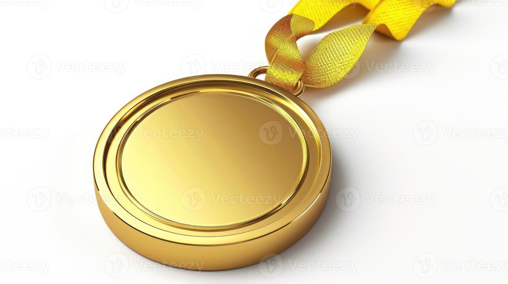 AI generated Gold medal with golden ribbon, faint shadow, isolated on white background. photo