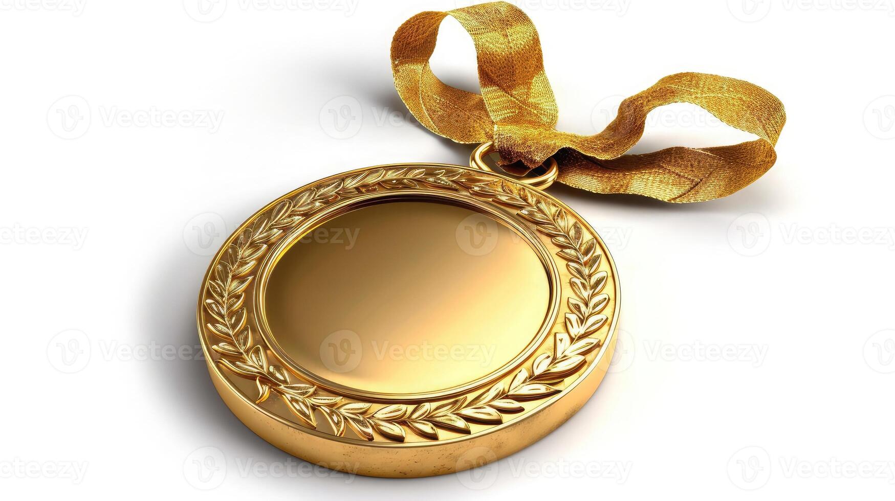 AI generated Gold medal with golden ribbon, faint shadow, isolated on white background. photo