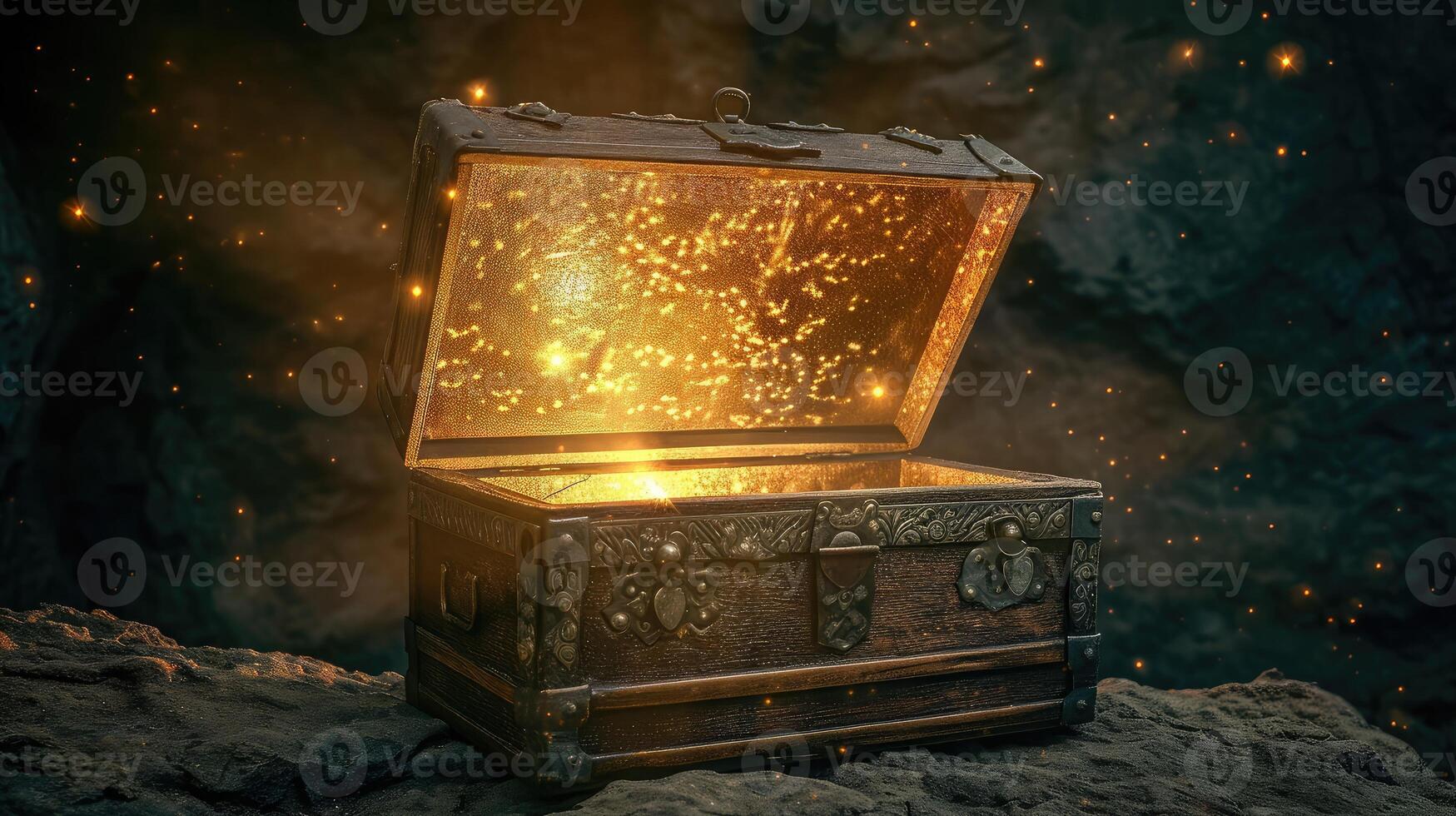 AI generated Open an ancient treasure chest that radiated light in old background photo