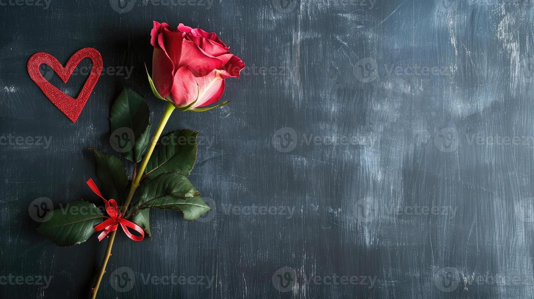 AI generated Red rose and Happy Valentines day  text on blackboard photo