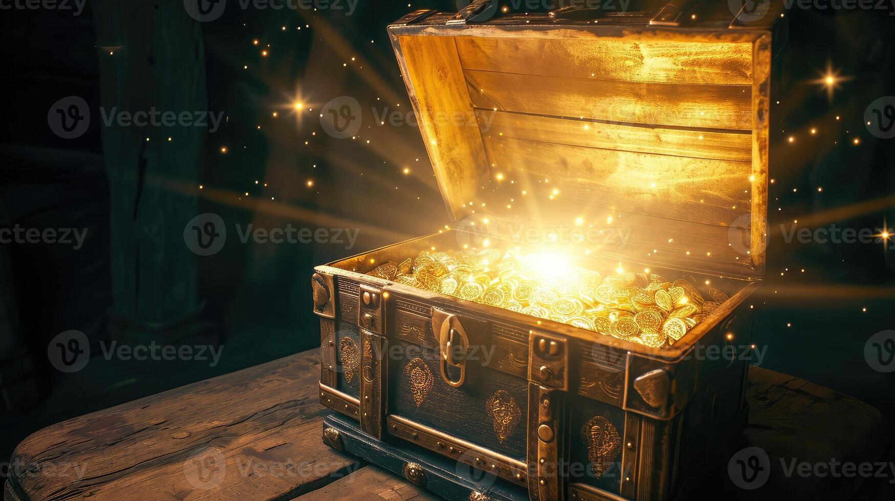 AI generated Open an ancient treasure chest that radiated light in old background photo