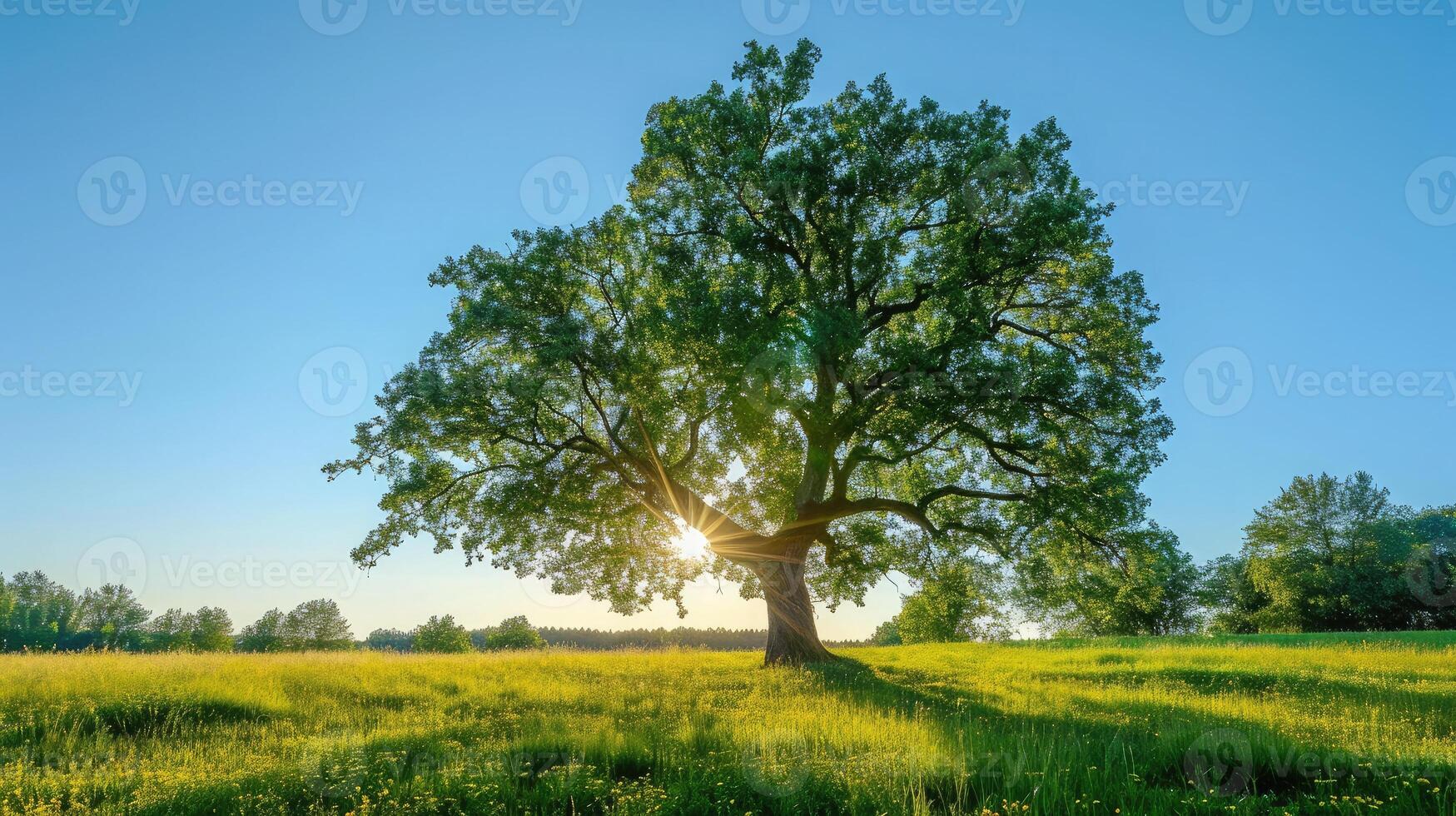 AI generated The sun shining through a majestic green oak tree on a meadow, with clear blue sky in the background, panorama format photo