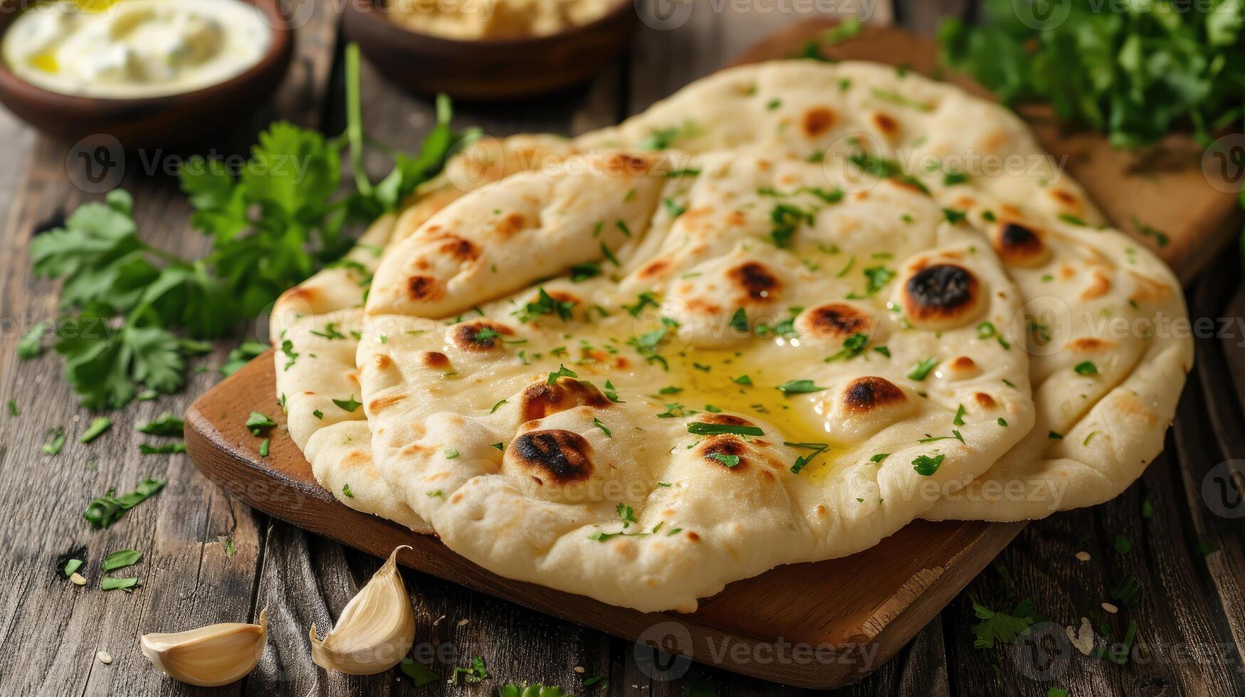 AI generated Indian naan bread with garlic butter on wooden table photo