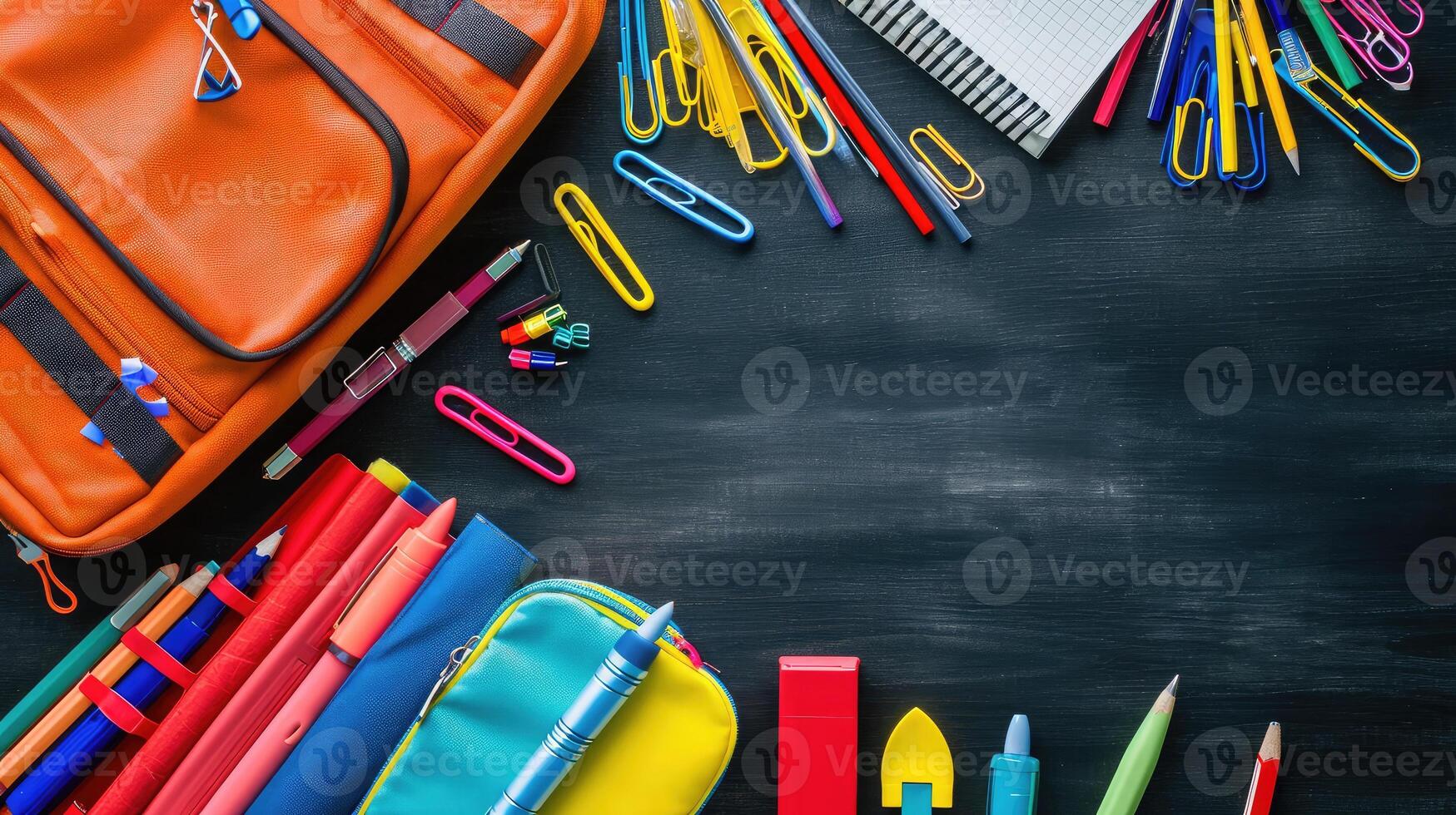 AI generated Backpack with different colorful stationery on table. photo