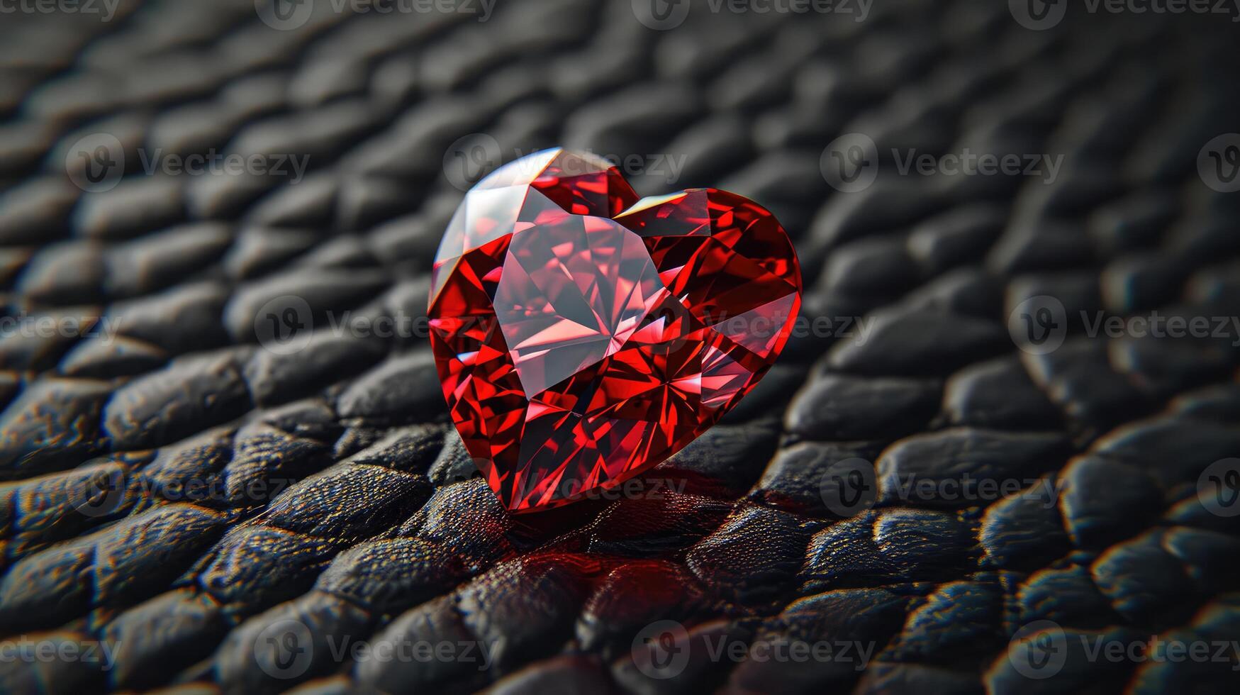 AI generated Red heart shaped diamond, on a black leather background photo