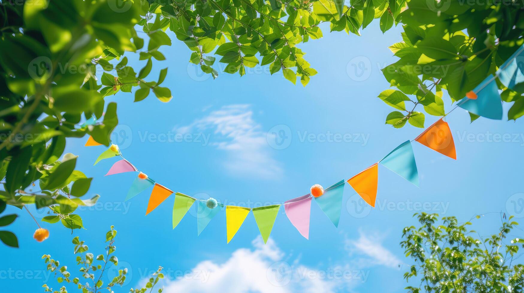 AI generated colorful pennant string decoration in green tree foliage on blue sky, summer party background template banner with copy space photo