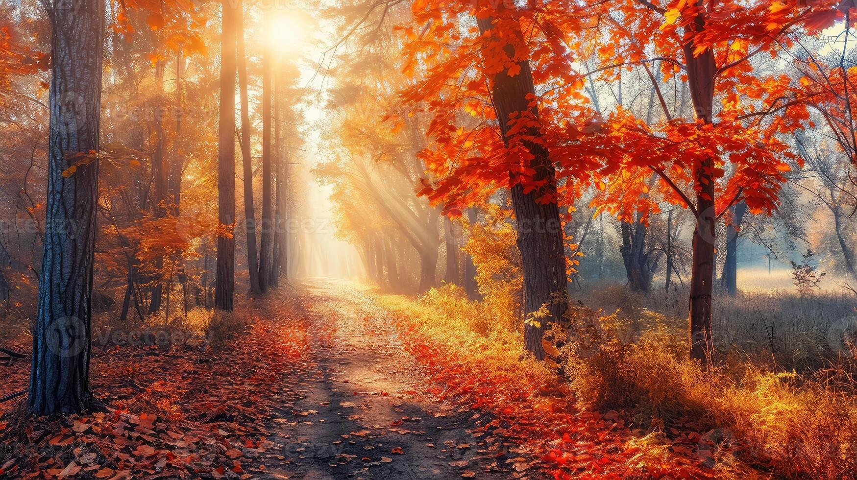 AI generated Autumn forest path. photo