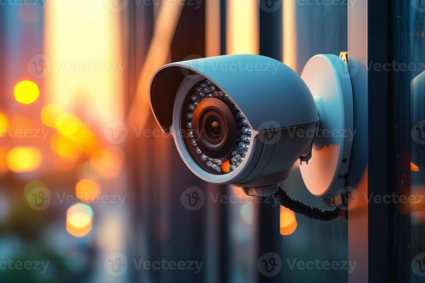 AI generated Surveillance setup CCTV security camera positioned by window, background blurred photo