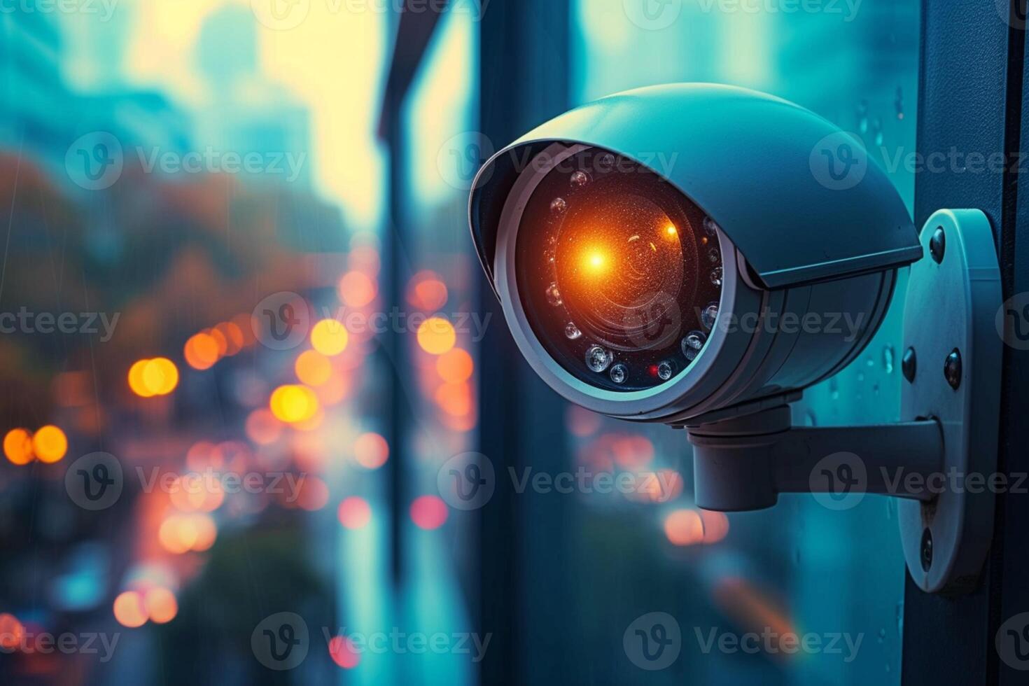 AI generated Surveillance setup CCTV security camera positioned by window, background blurred photo