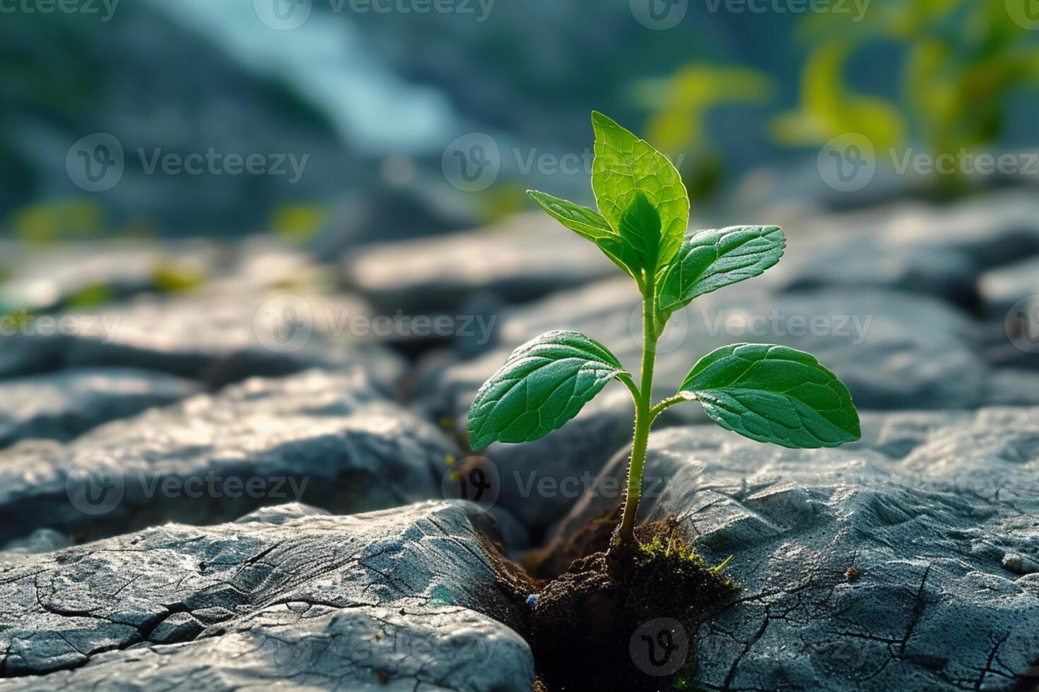 ai generado naturalezas triunfo brotante planta en medio de piedras significa Resiliencia y vitalidad foto