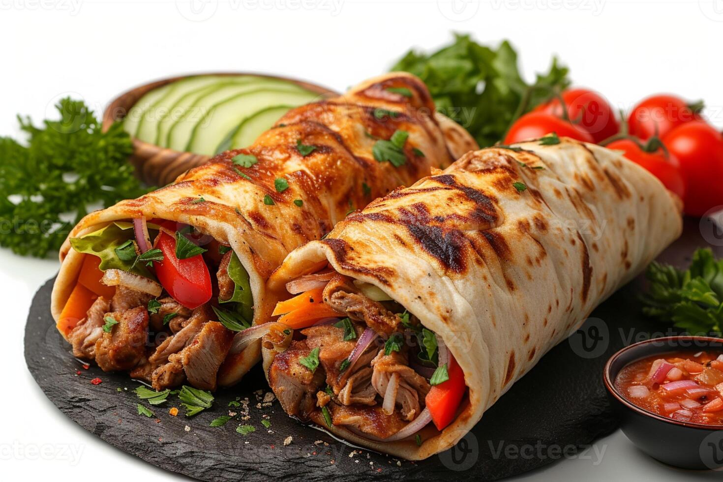 AI generated Mouthwatering shawarma Doner kebab surrounded by fresh ingredients photo
