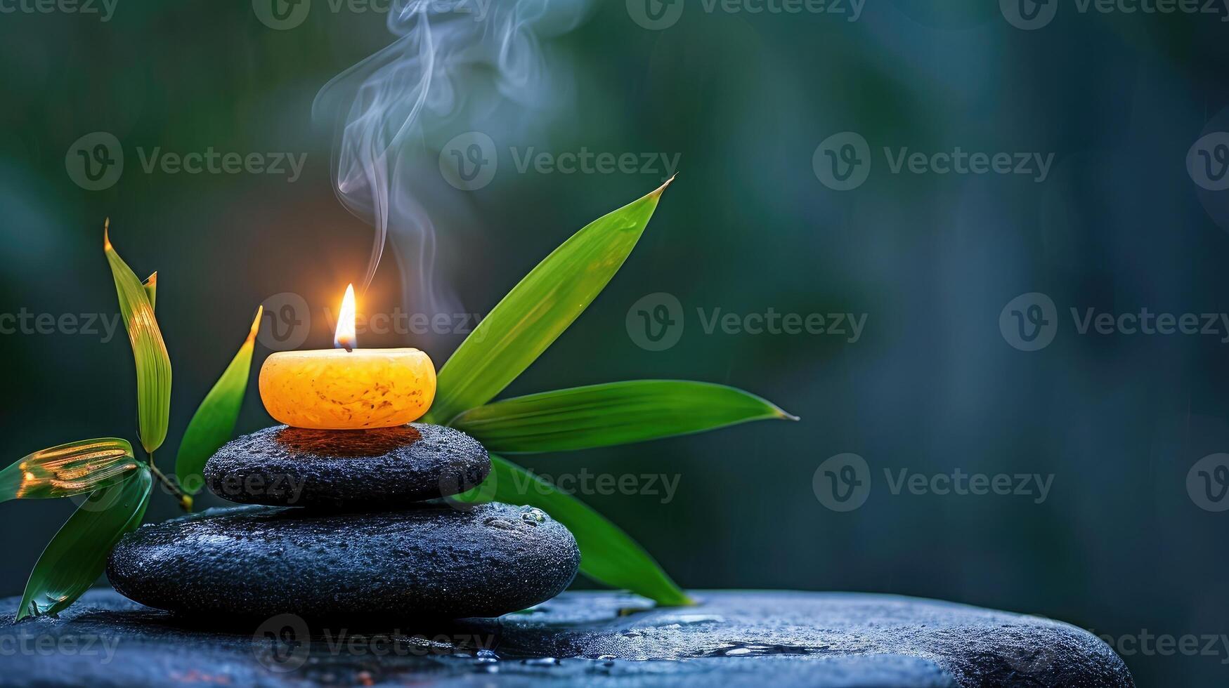 AI generated Spa still life with stacked of stone,burning candle and bamboo leaf photo