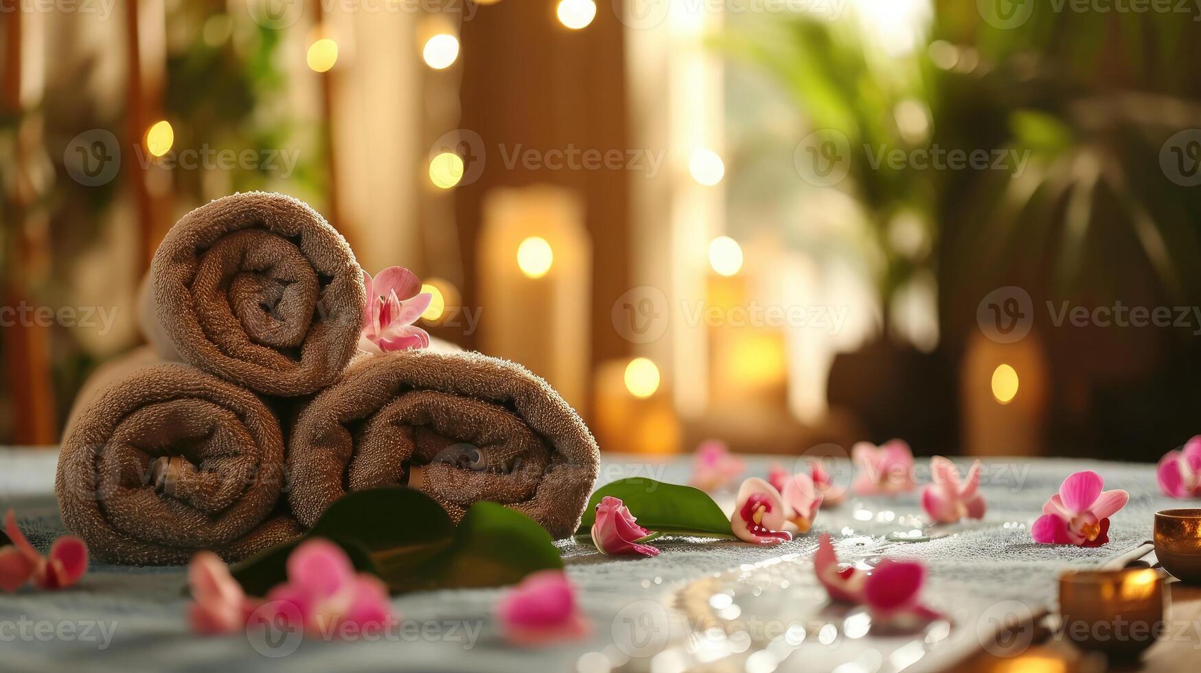 AI generated Beautiful spa composition on massage table in wellness center photo