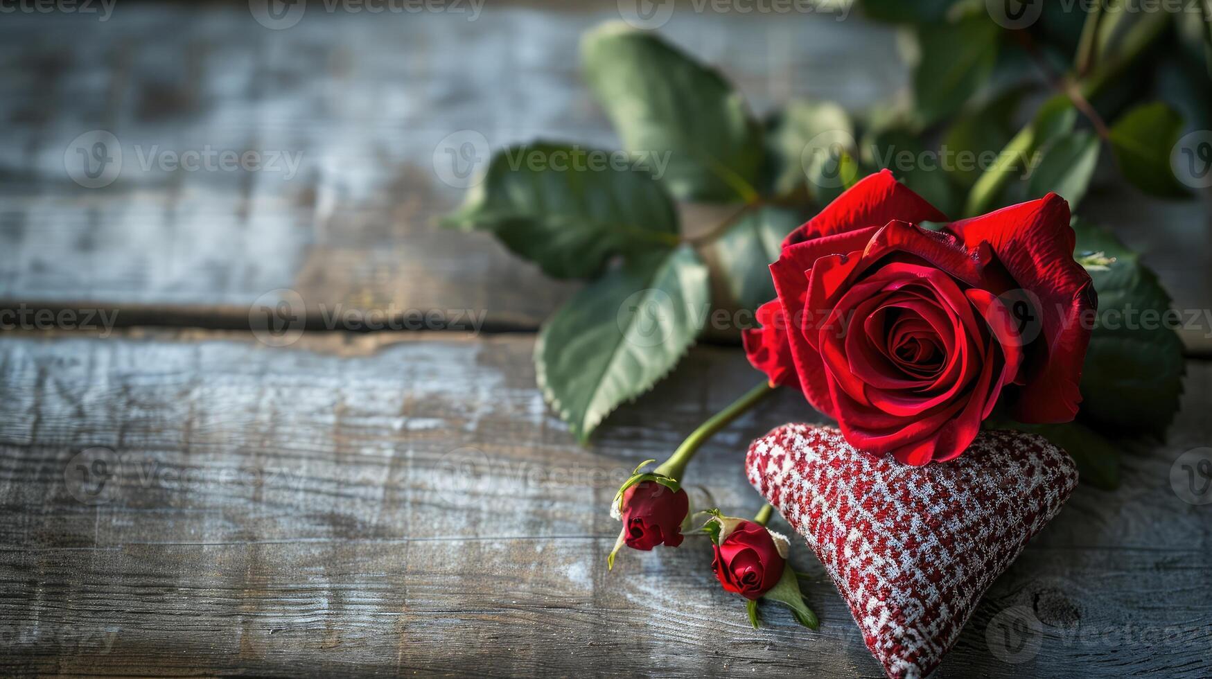 AI generated Happy valentine's day card with red rose and fabric heart shape on vintage wood background photo