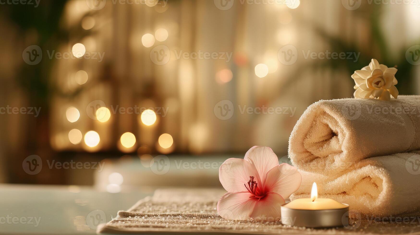 AI generated Spa supplies, burning candle and flower on table in beauty salon, space for text photo