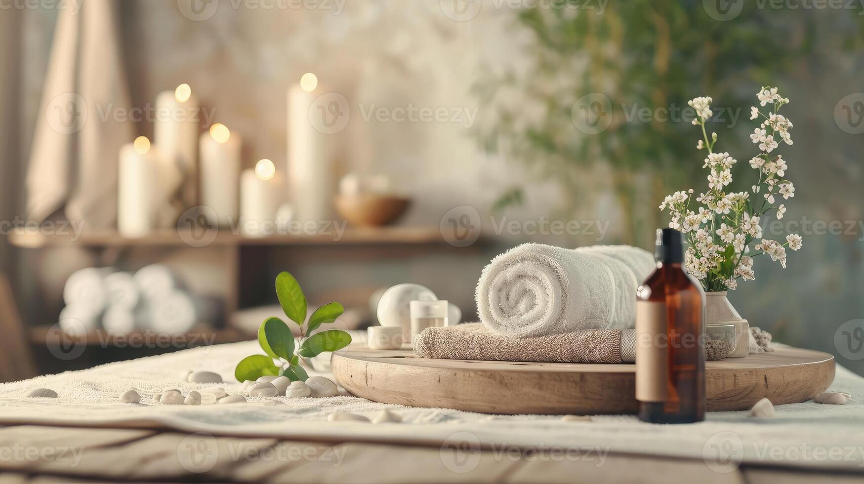 AI generated Beautiful spa composition on massage table in wellness center photo