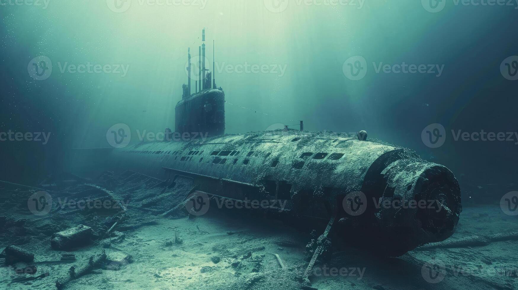 AI generated Destroyed submarine under water. Marine failed technology concept photo