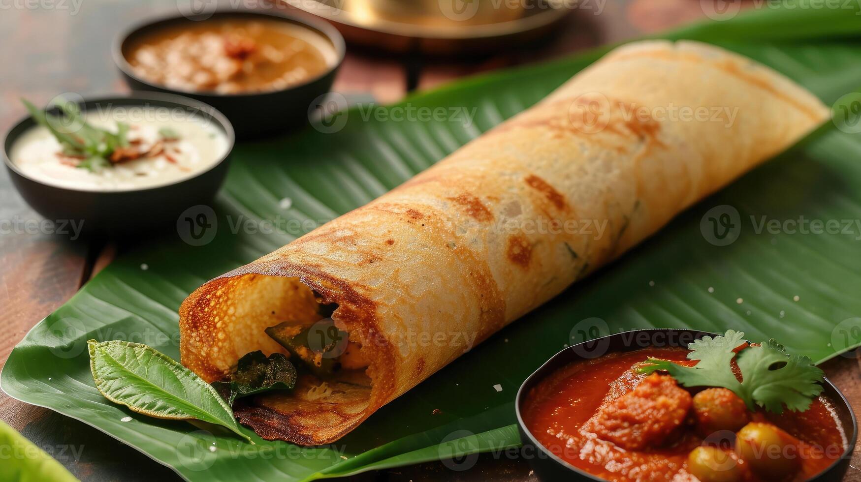 AI generated Paper Masala dosa is a South Indian meal served with sambhar and coconut chutney over fresh banana leaf. Selective focus photo