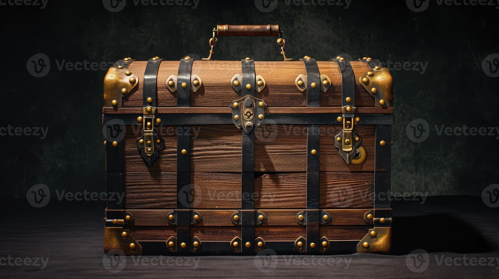 AI generated Wooden treasure chest on dark background photo