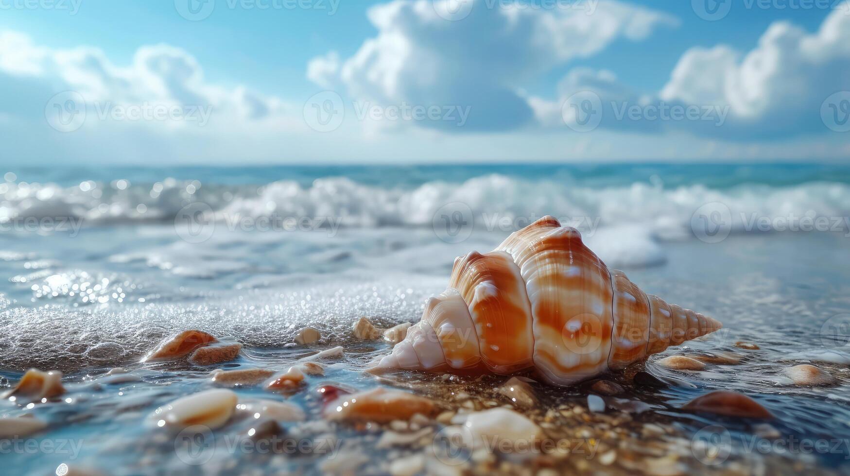 AI generated Shell on beach and landscape of sea with sky. photo