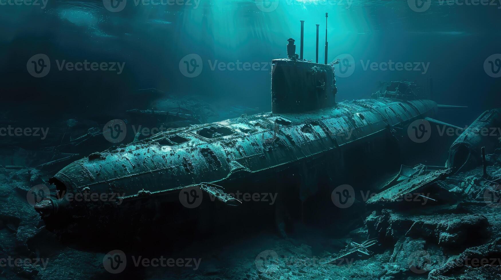 AI generated Destroyed submarine under water. Marine failed technology concept photo