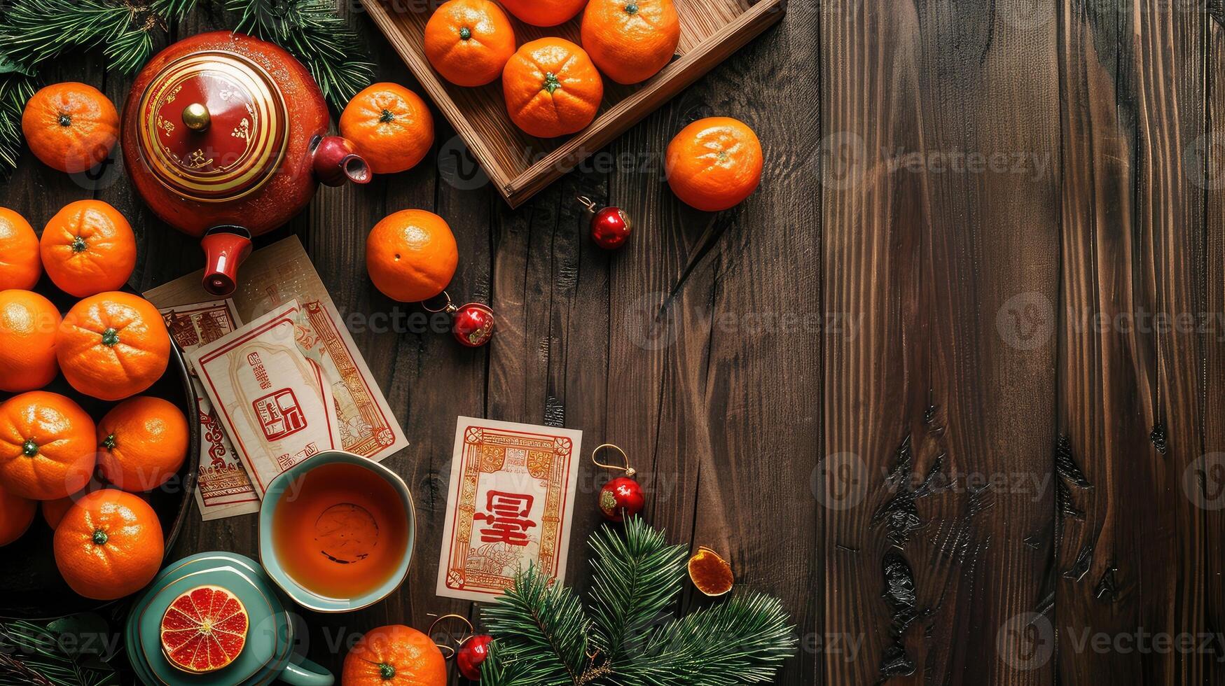 AI generated Wooden coffee table with traditional tea set, greeting cards and fresh tangerines in living room, top view. Chinese New Year celebration photo