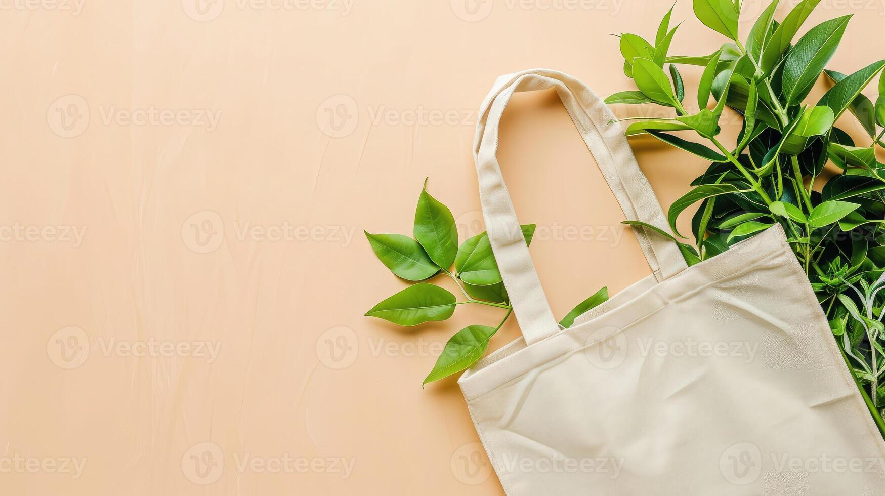 AI generated Canvas tote bag. Reusable grocery shopping bag with copy space.Beige eco bag mockup.Eco friendly concept. Zero waste.Think green.Top view. photo
