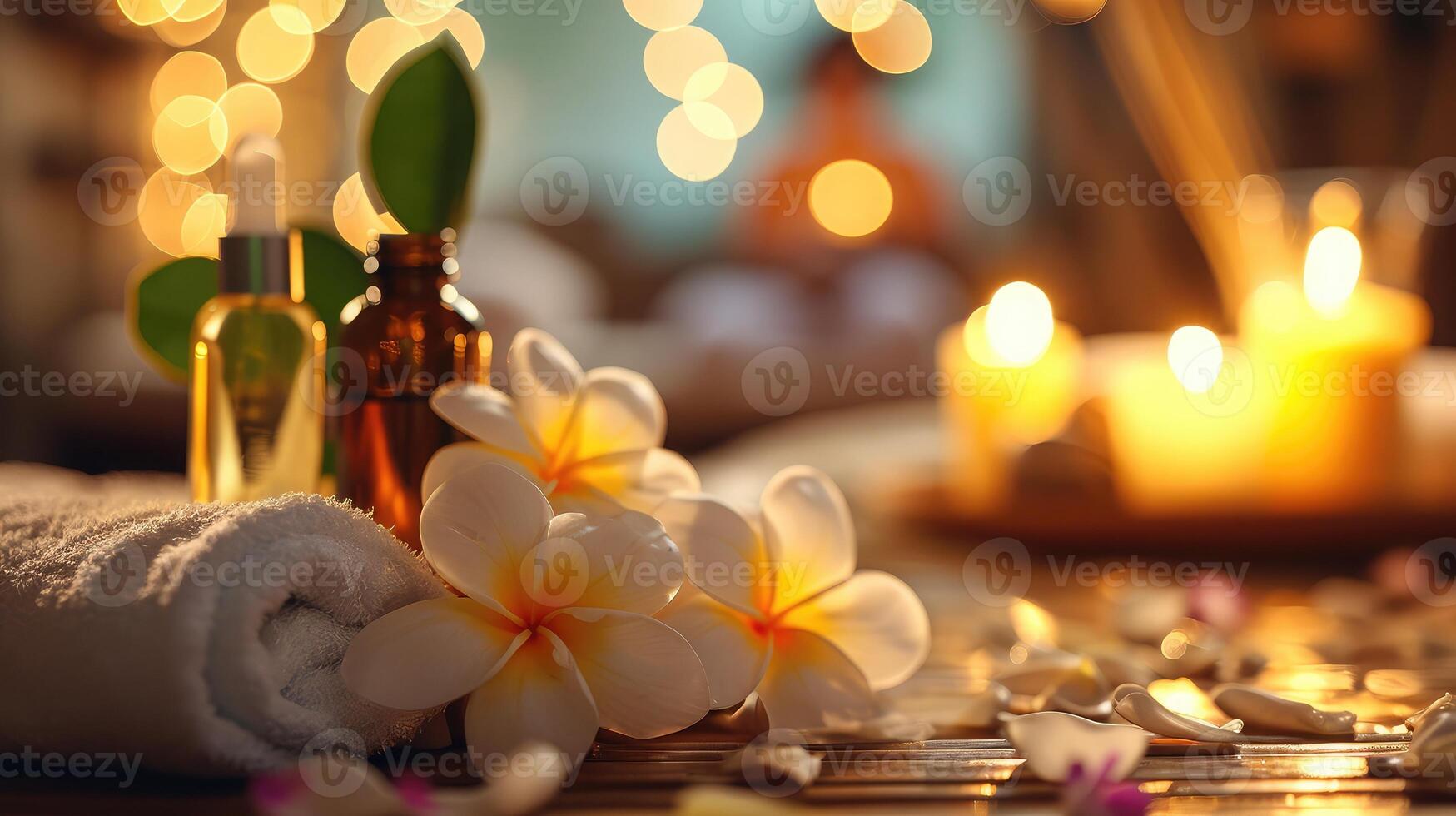 AI generated Warm inviting picture of beautiful spa composition with frangipani flower, oil flask, and candles. Blurred figures of the masseur and his guest in background. photo