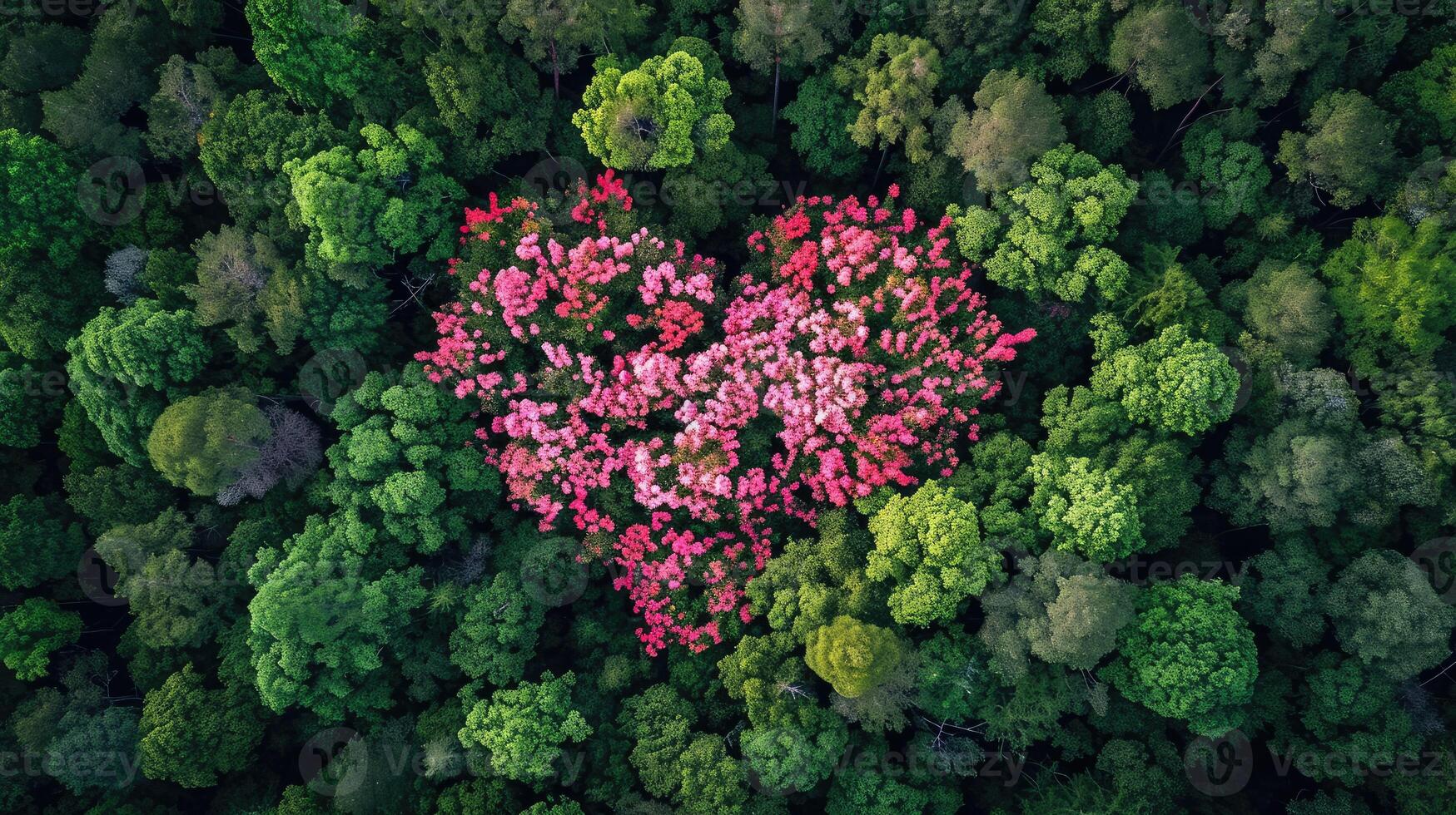 AI generated spring forest trees in the center of the heart on Valentine's Day photo