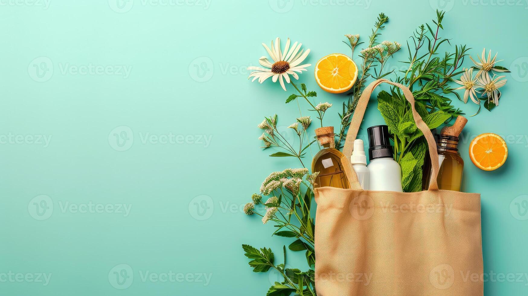 AI generated Eco bag with products on color background photo