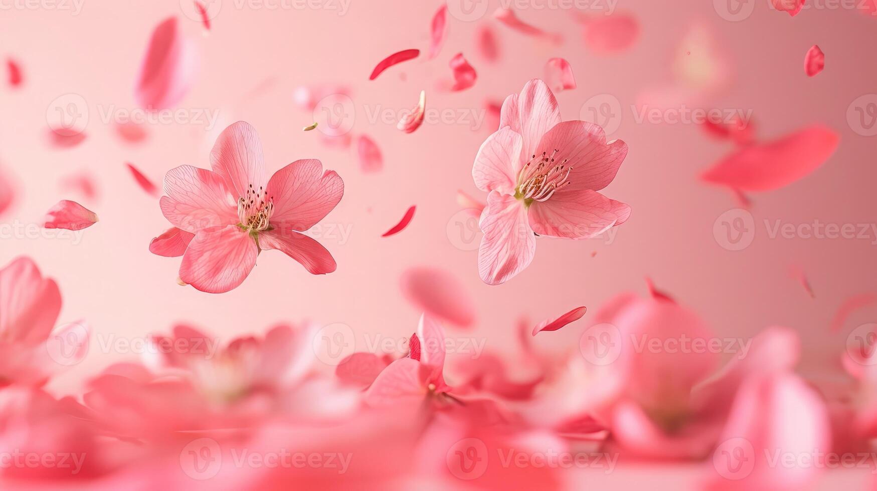 AI generated Fresh quince blossom, beautiful pink flowers falling in the air isolated on pink background. Zero gravity or levitation, spring flowers conception photo