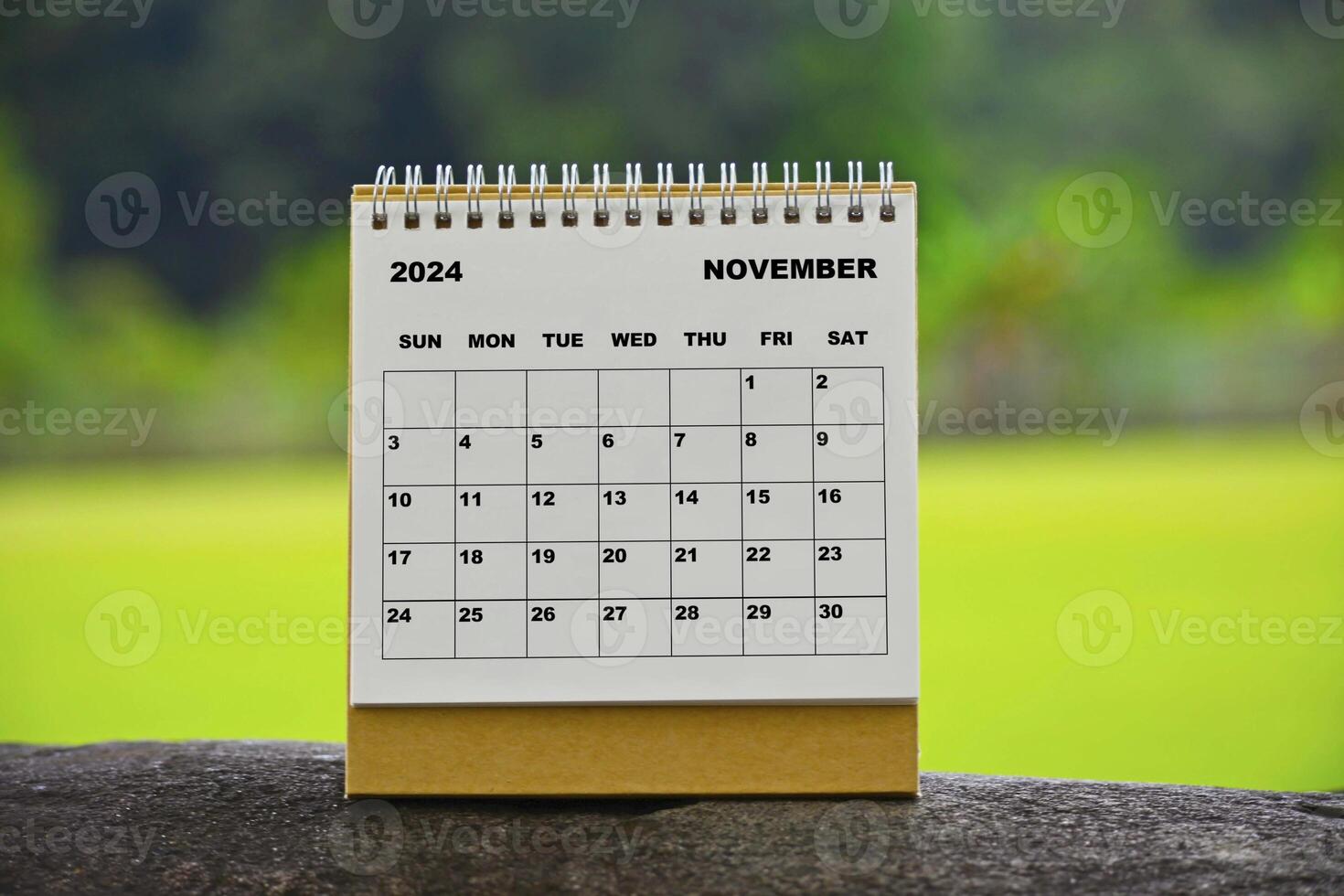 November 2024 white calendar with green blurred background. photo