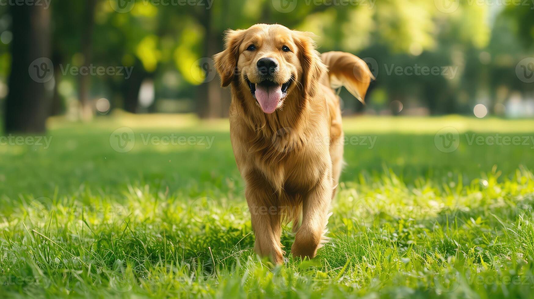 AI generated Smiling Face Cute Lovely Adorable Golden Retriever Dog Walking in Fresh Green Grass Lawn in the Park photo