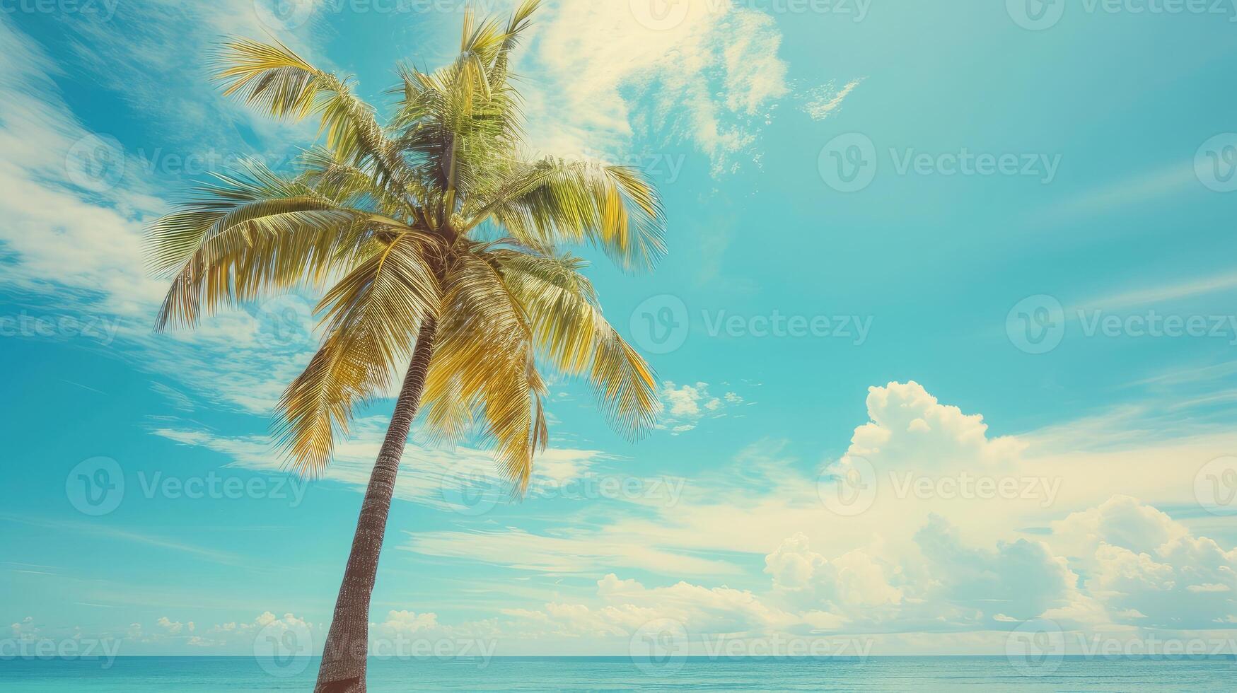 AI generated Palm tree on tropical beach with blue sky and white clouds abstract background. Copy space of summer vacation and business travel concept. Vintage tone filter effect color style photo