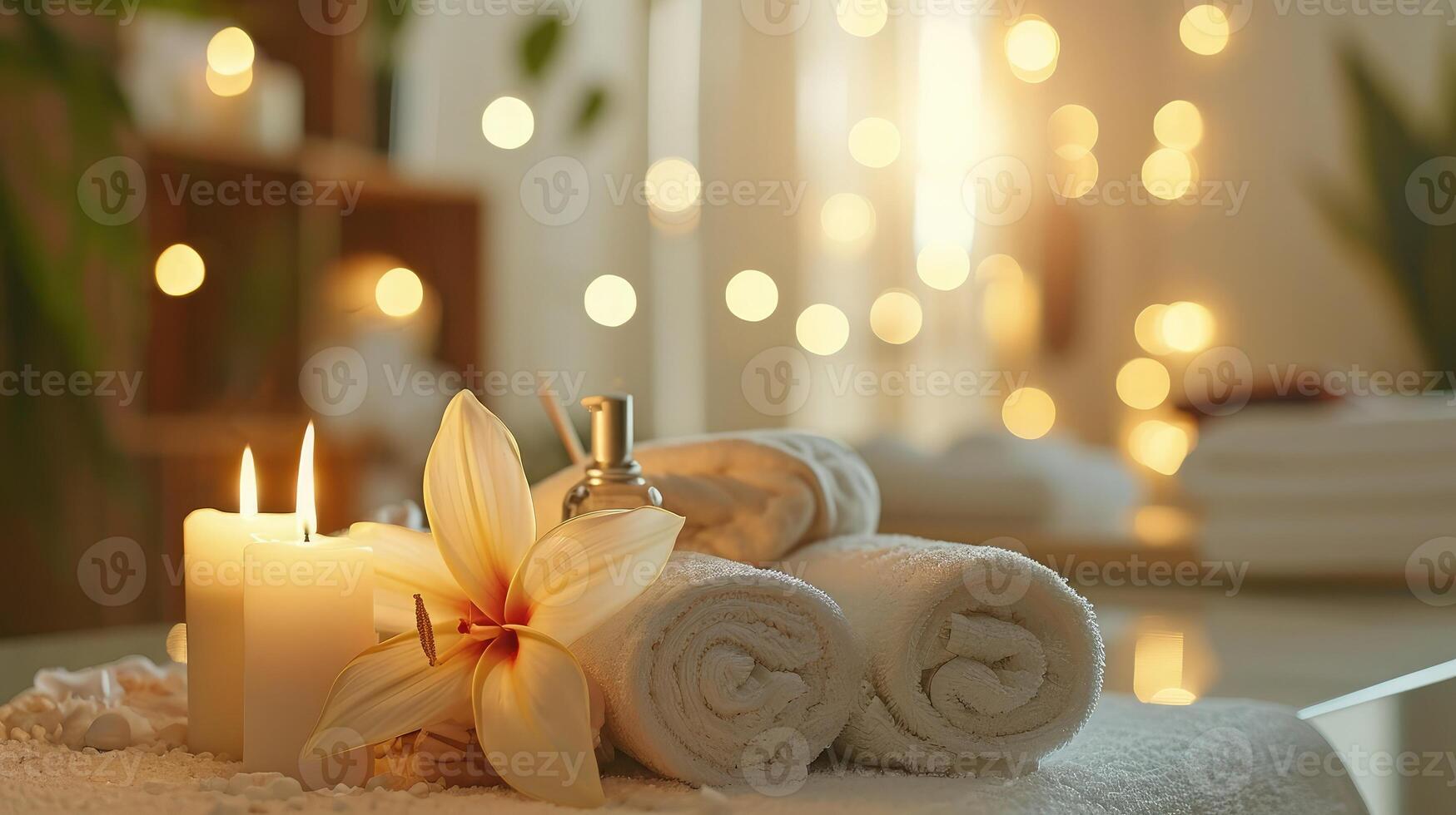 AI generated Spa supplies, burning candle and flower on table in beauty salon, space for text photo
