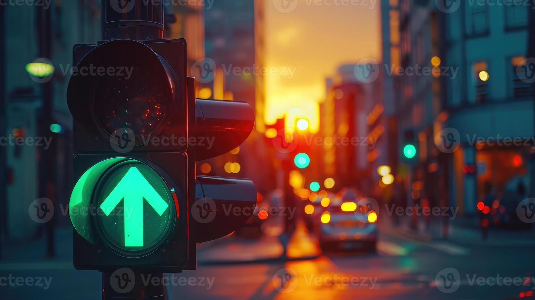 ai generado verde tráfico ligero con verde flecha ligero arriba en ciudad mientras puesta de sol permite coche a giro Derecha foto