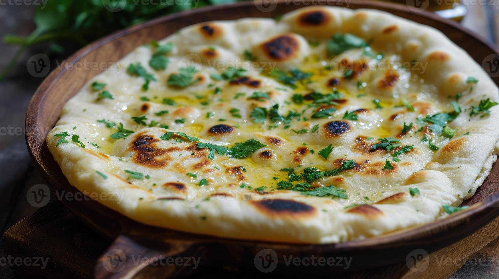 AI generated Coriander Naan - Indian flat bread with a sprinkle of fresh coriander leaves and cooked in tandoor photo