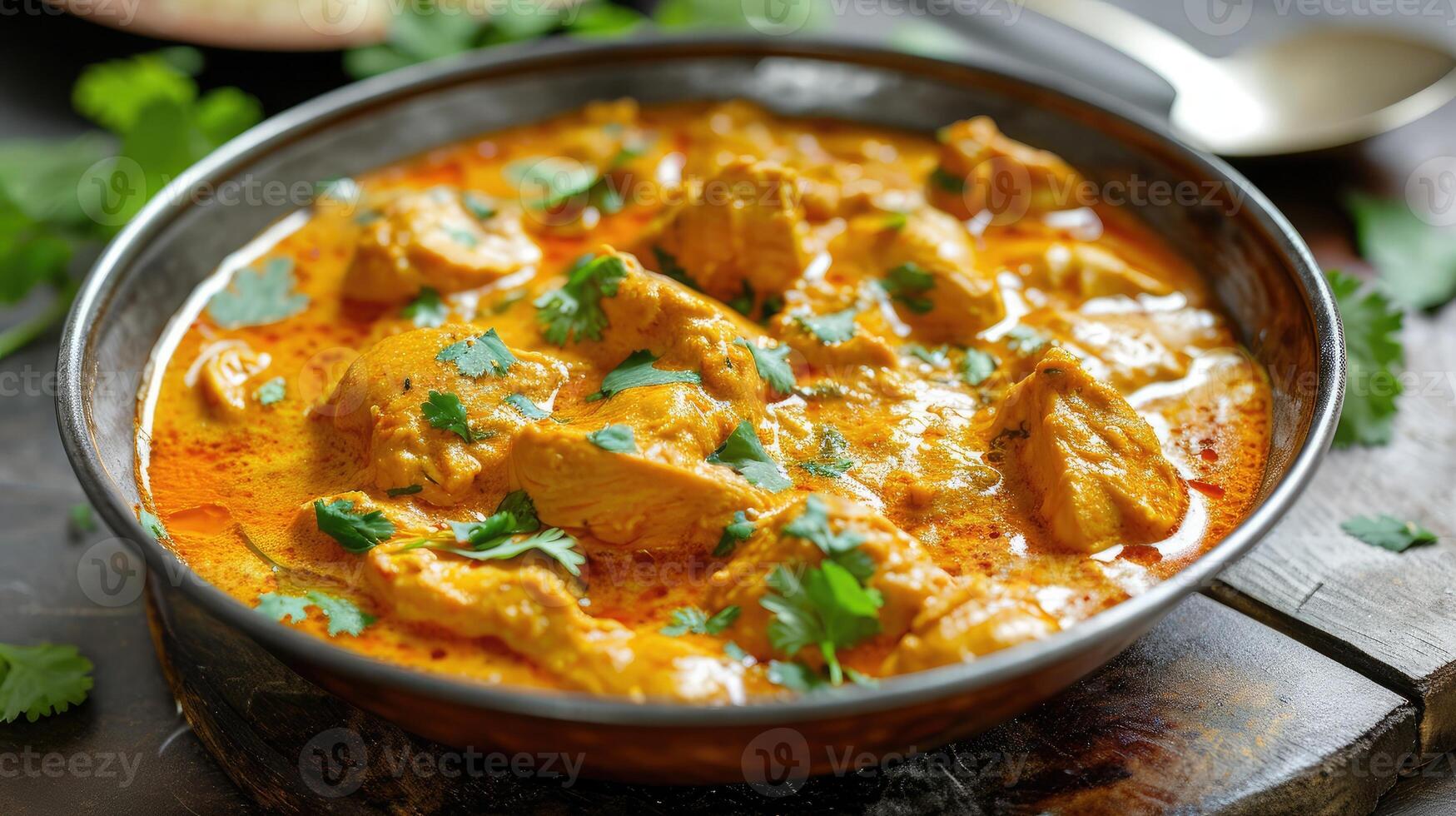 AI generated Chicken fillet in a spicy coconut sauce close-up on a table. horizontal photo