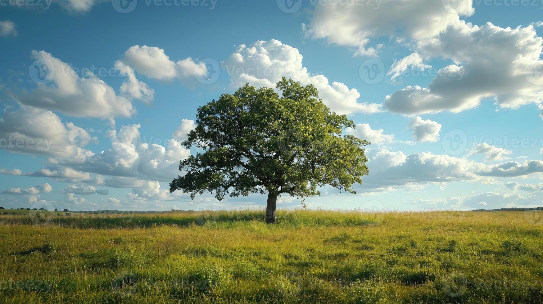 ai generado solitario verde roble árbol en el campo foto