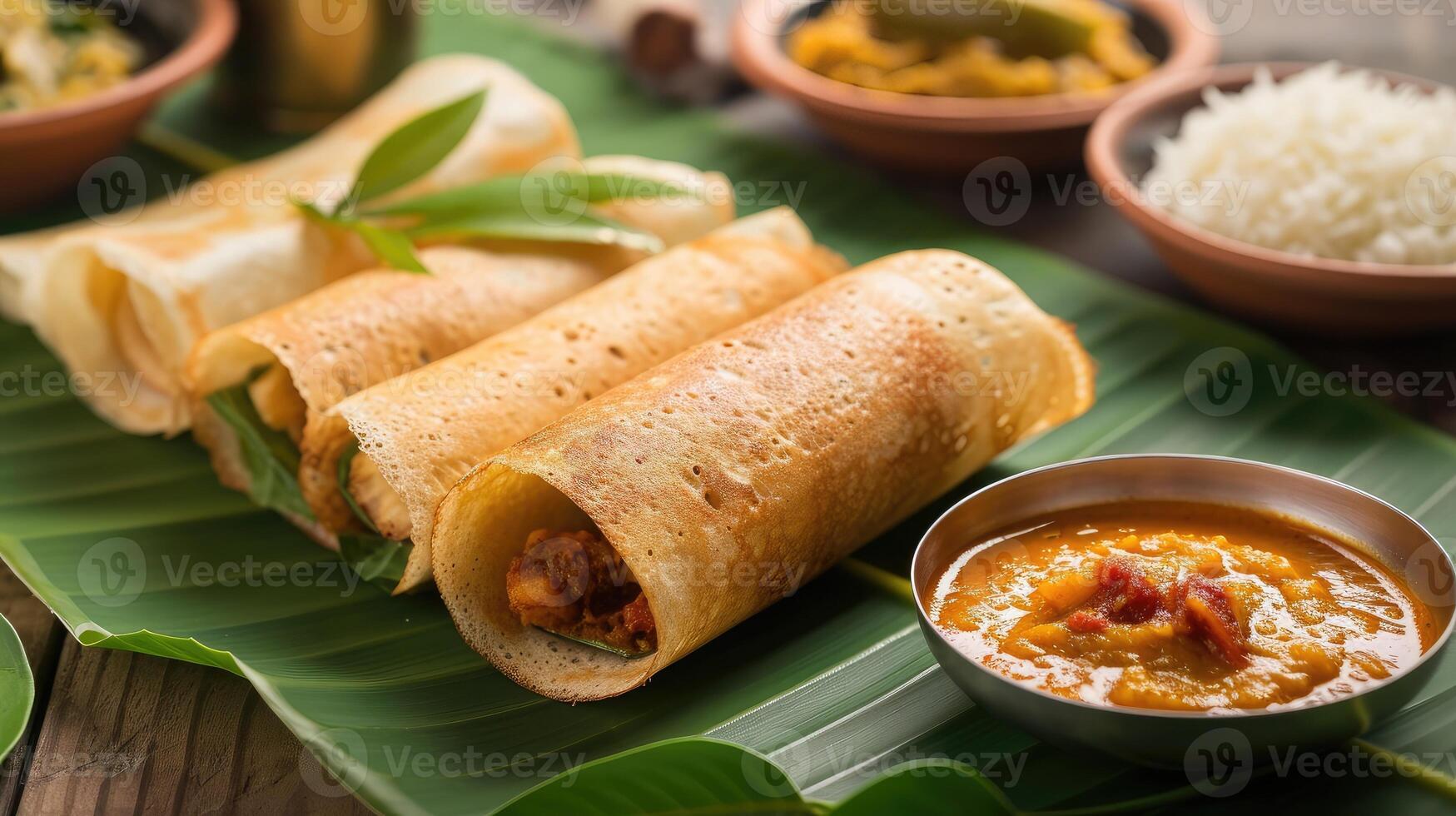AI generated Paper Masala dosa is a South Indian meal served with sambhar and coconut chutney over fresh banana leaf. Selective focus photo
