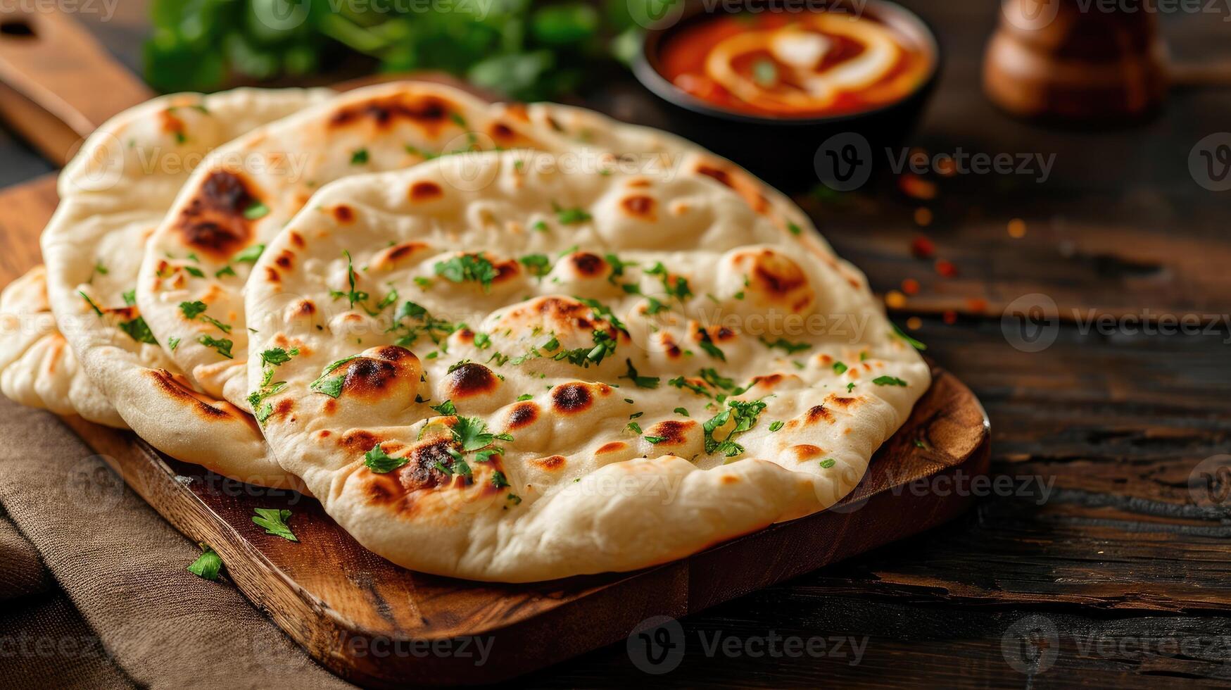 AI generated Indian naan bread on wooden desk photo