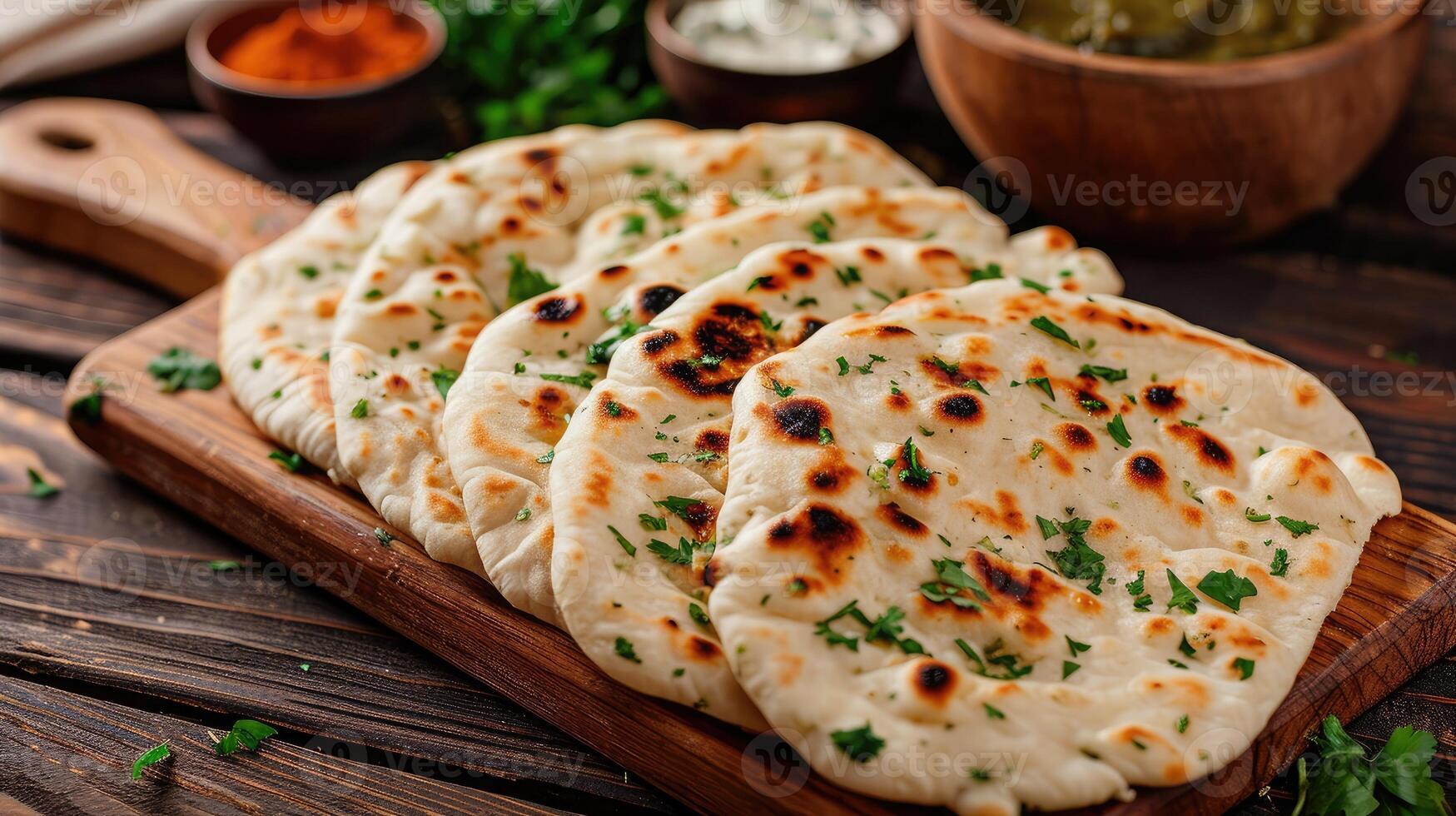 AI generated Indian naan bread on wooden desk photo