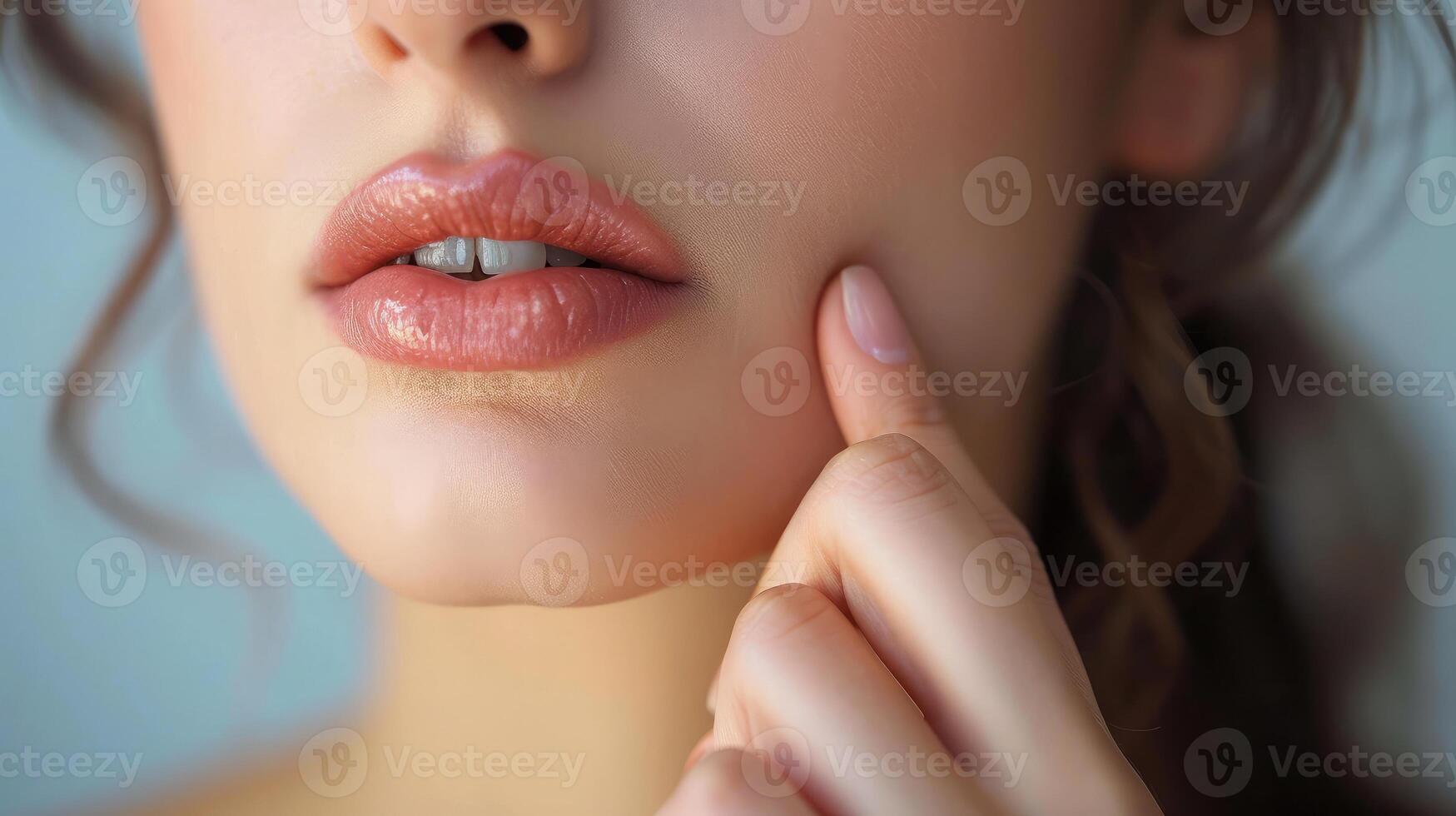 AI generated The woman is picking the fat on her chin. photo