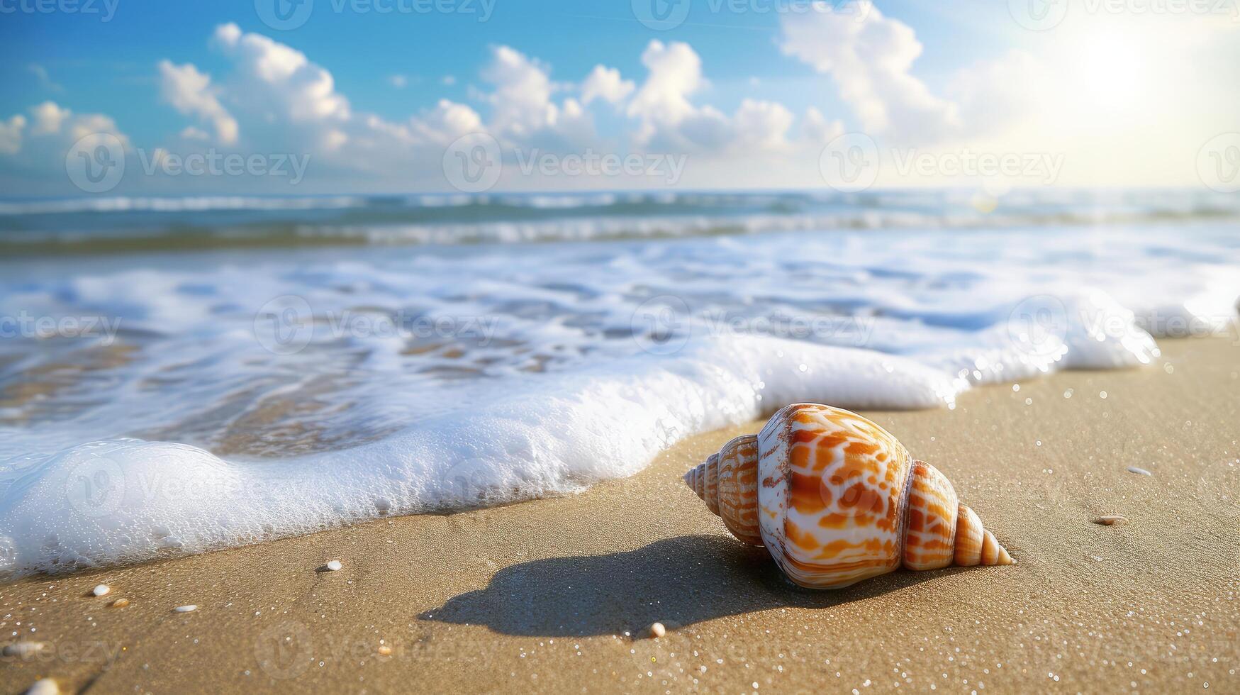 AI generated Shell on beach and landscape of sea with sky. photo