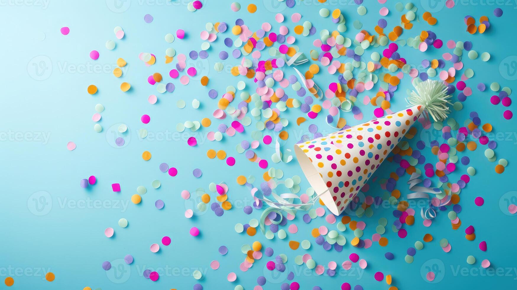 AI generated Colored confetti and party hat on blue background photo