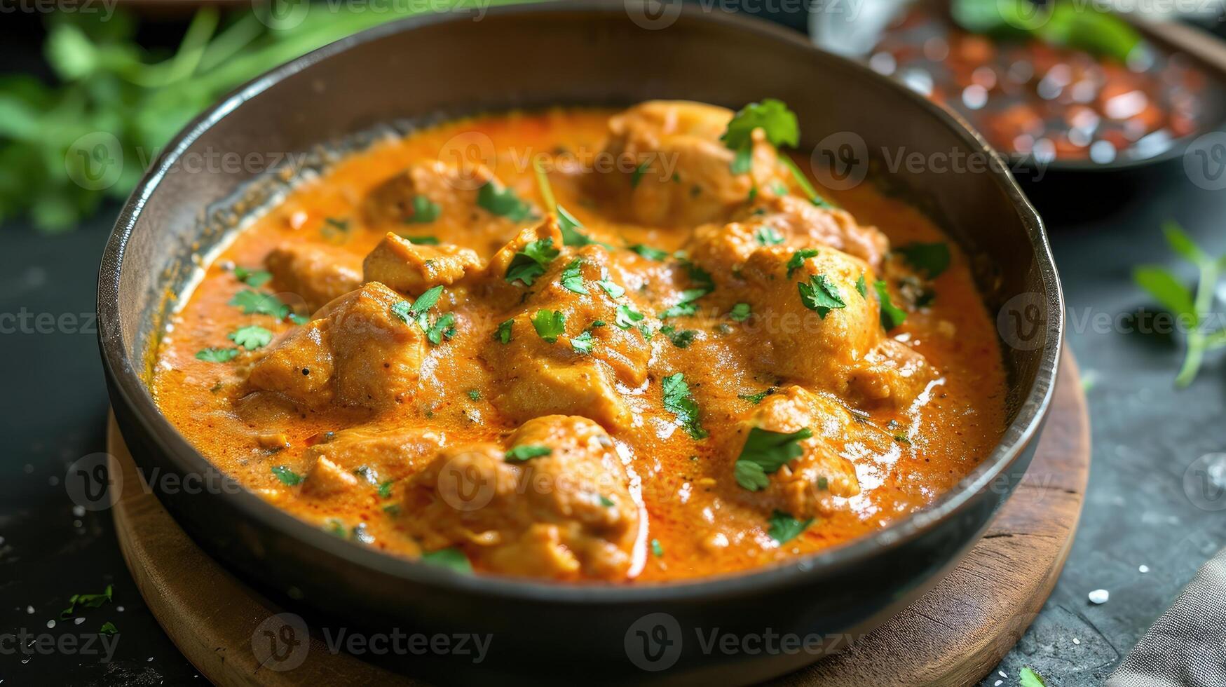 ai generado pollo filete en un picante Coco salsa de cerca en un mesa. horizontal foto