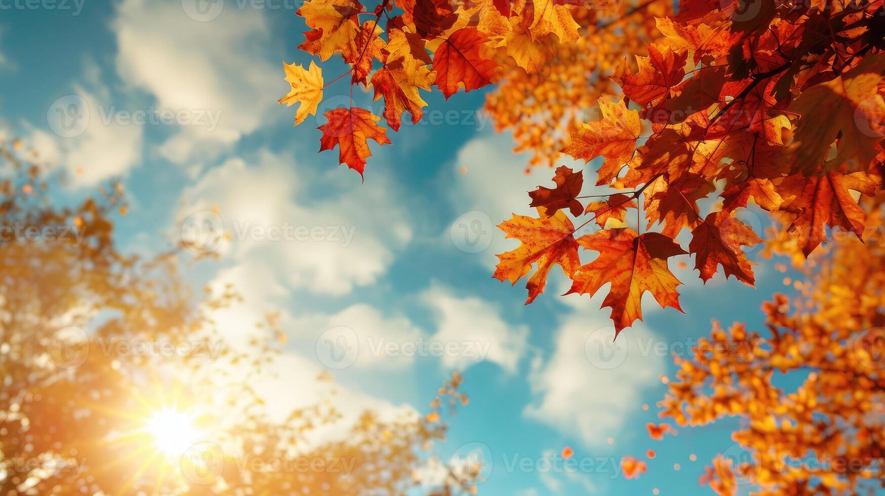 AI generated Autumn landscape. Autumn tree leaves sky background. photo